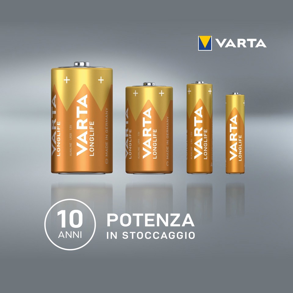 Varta Longlife, Batteria Alcalina, AA, Mignon LR6, 1.5V, Blister da 4, Made in Germany