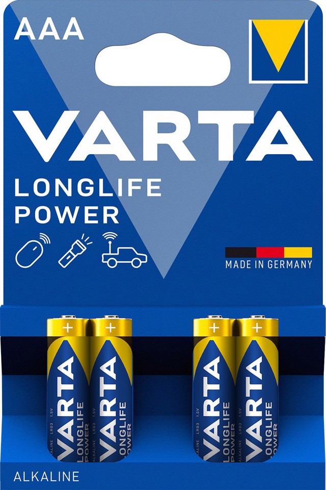 Varta Longlife Power, Batteria Alcalina, AAA, Micro, LR03, 1.5V, Blister da 4, Made in Germany