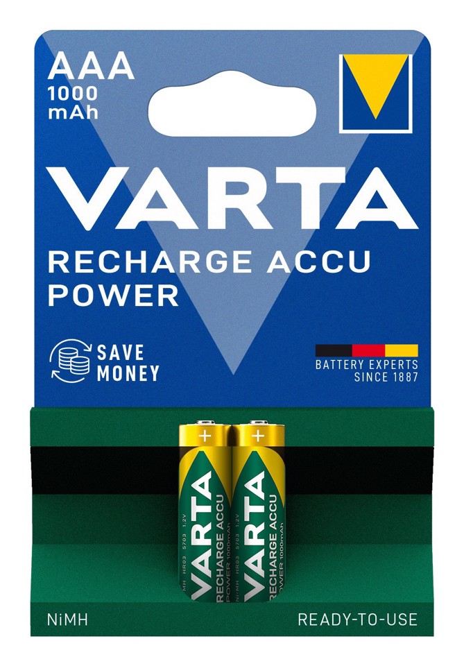 Varta Recharge Accu Power AAA 1000 mAh Blister da 2 (Batteria NiMH Accu Precaricata, Micro, ricaricabile, pronta all'uso)