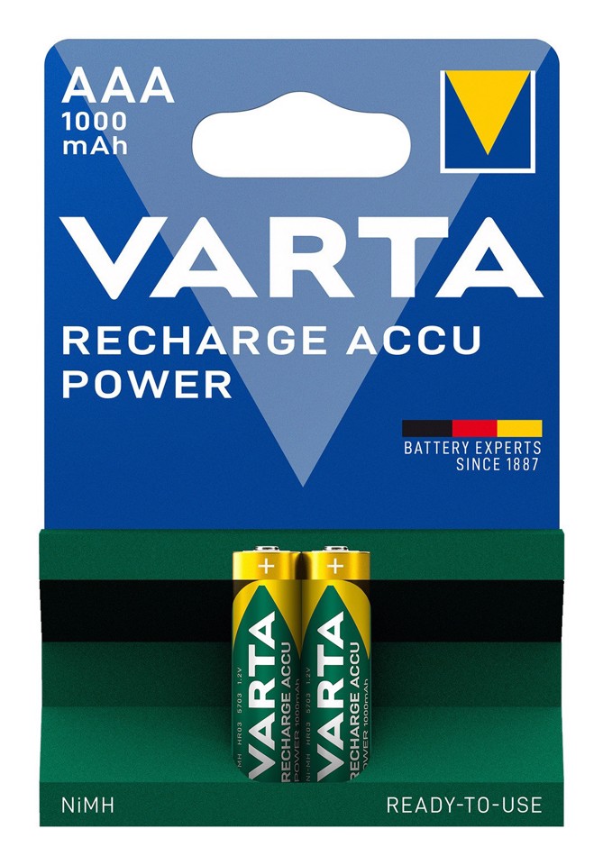 Varta Recharge Accu Power AAA 1000 mAh Blister da 2 (Batteria NiMH Accu Precaricata, Micro, ricaricabile, pronta all'uso)
