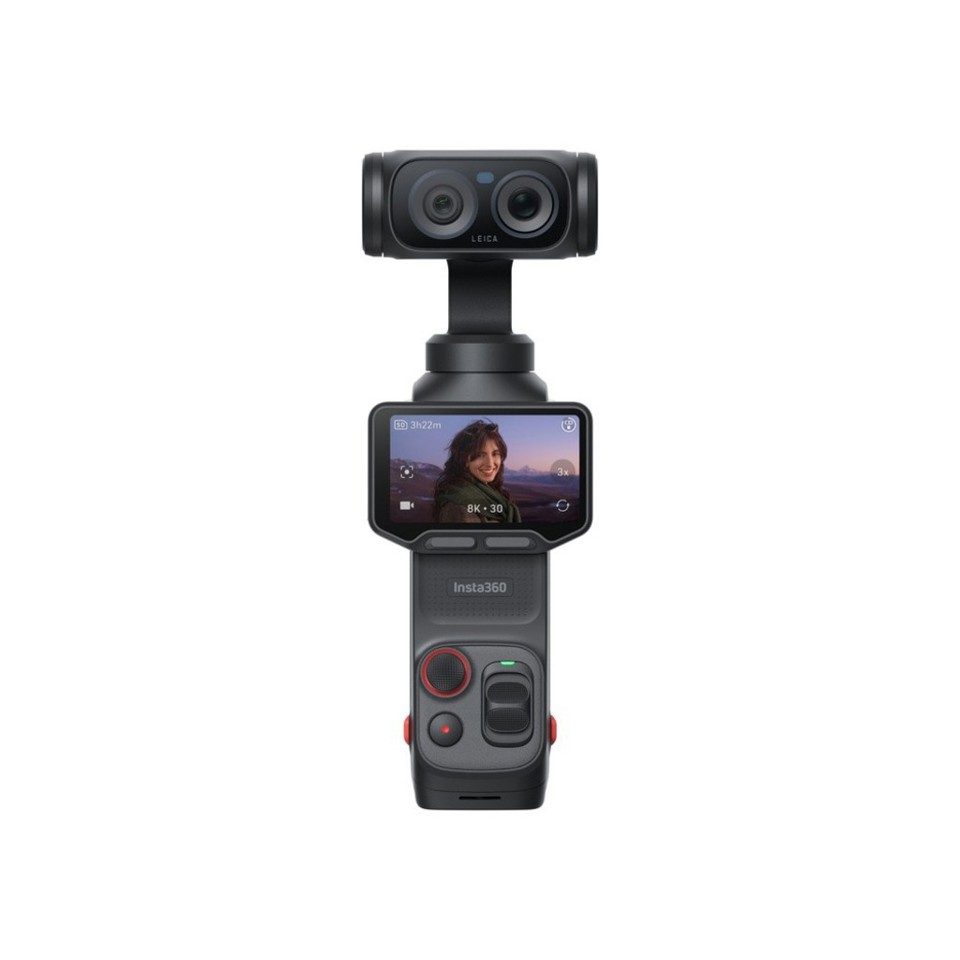 Videocamera 8K con gimbal, doppio obiettivo Leica, zoom fino a 12x, touchscreen OLED rimovibile da 2" e stabilizzazione a 3 assi.