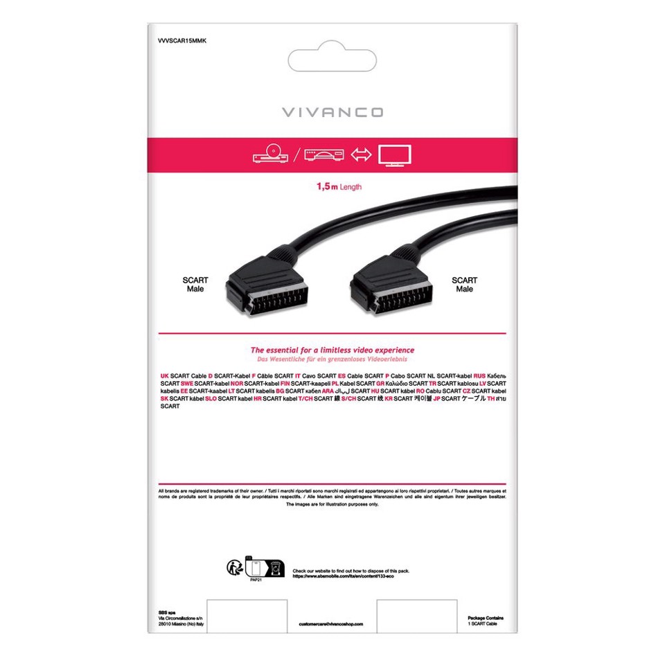 Vivanco VVVSCAR15MMK Cavo SCART 1,5 m SCART (21-pin) Nero