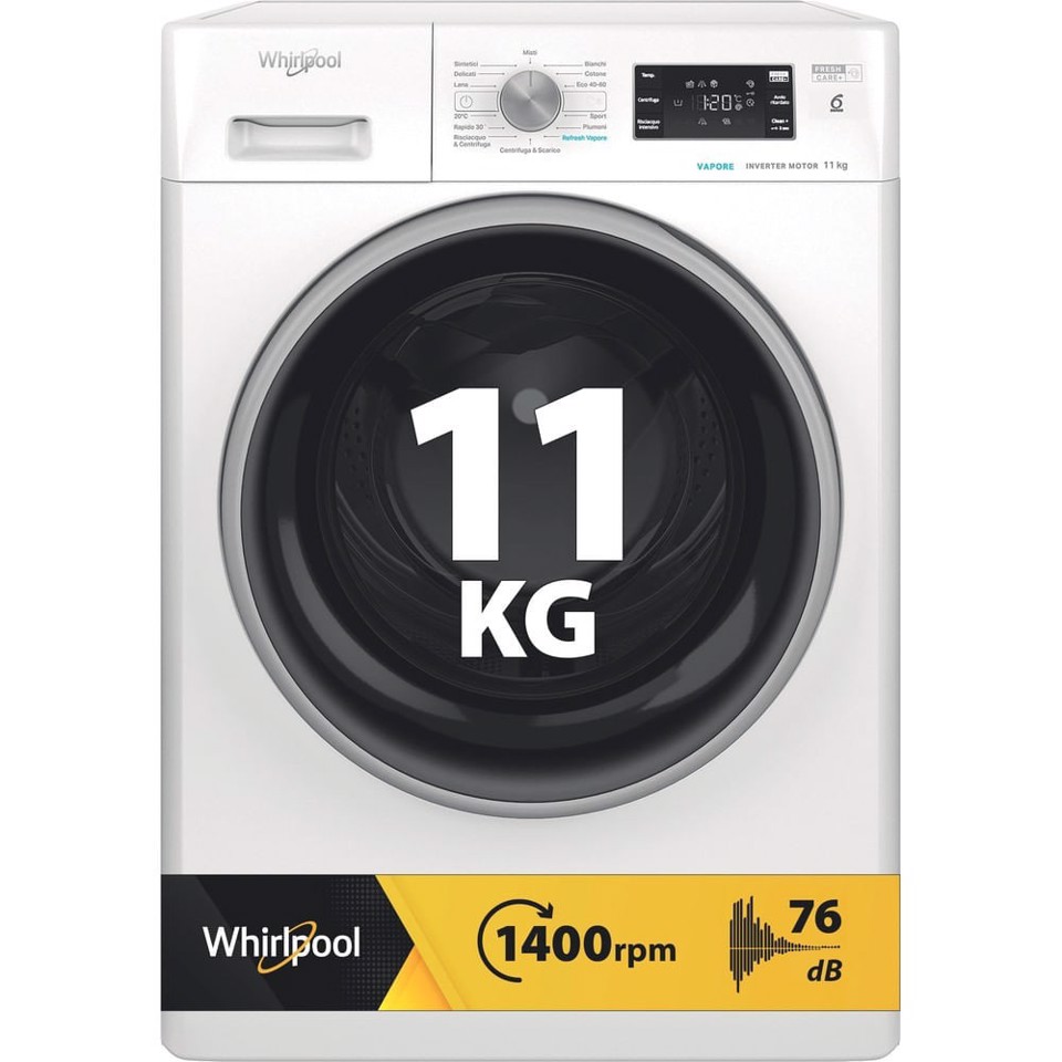Whirlpool FFB 1148 BSV IT Lavatrice 11kg, 100% DI FRESCHEZZA, ANCHE SE DIMENTICHI IL BUCATO, classe A-20%, colore bianco, 1400 giri, vapore