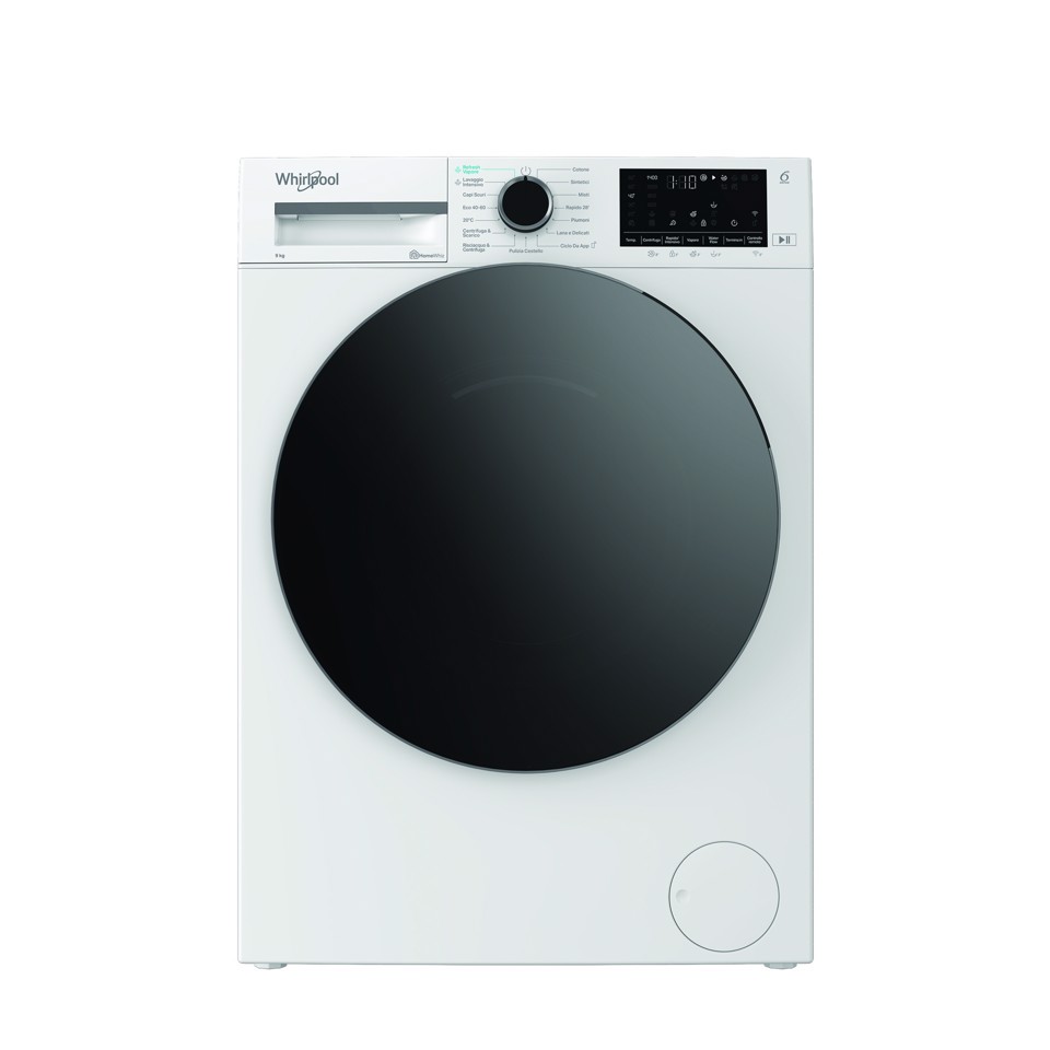 Whirlpool WAM R949WB IT, 9kg, classe A -30%, Bianco, Inverter, 1400 giri, Display digitale XL, vapore, porta nera, Wi-Fi