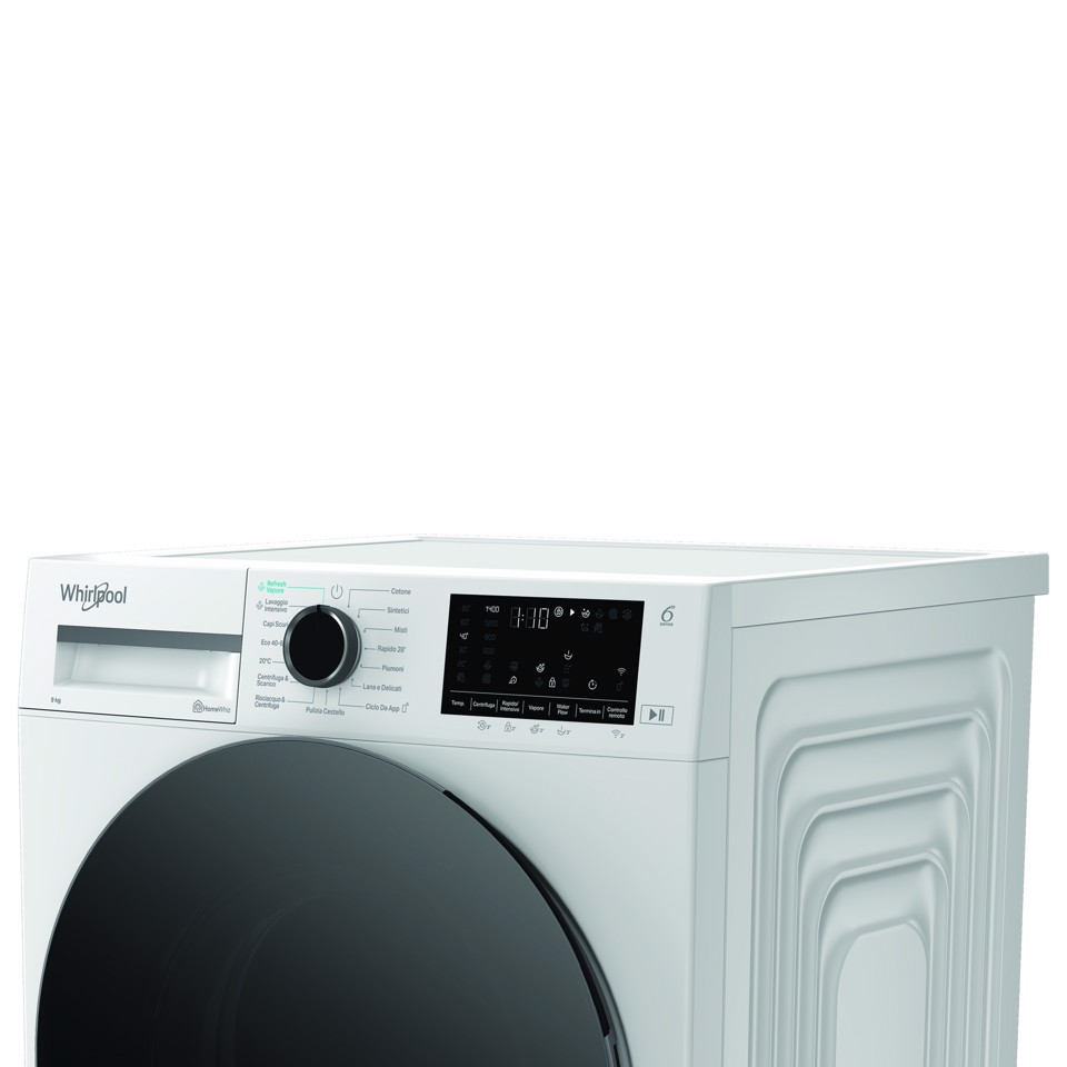 Whirlpool WAM R949WB IT, 9kg, classe A -30%, Bianco, Inverter, 1400 giri, Display digitale XL, vapore, porta nera, Wi-Fi