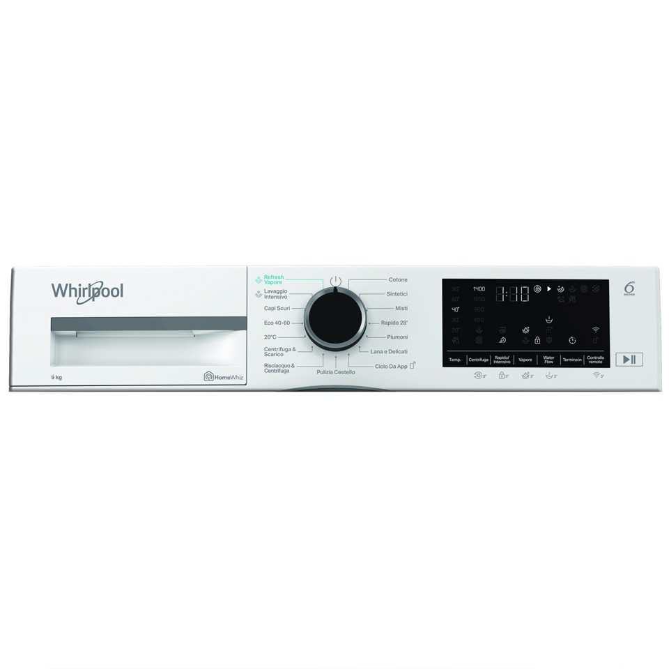 Whirlpool WAM R949WB IT, 9kg, classe A -30%, Bianco, Inverter, 1400 giri, Display digitale XL, vapore, porta nera, Wi-Fi