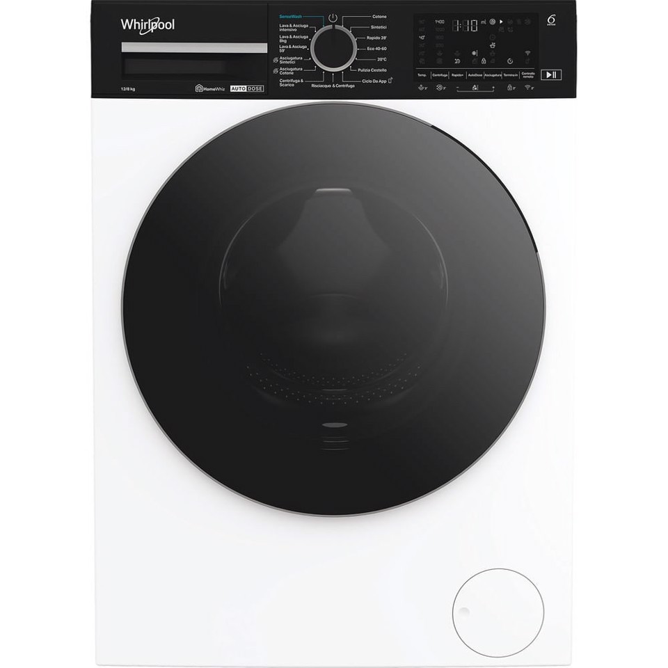 Whirlpool WPD 2836W ADS IT WASHER/DRYER, Capacità 12kg+8kg, classe D|A-10%, colore bianco, Autodose, vapore, porta nera, Wi-Fi