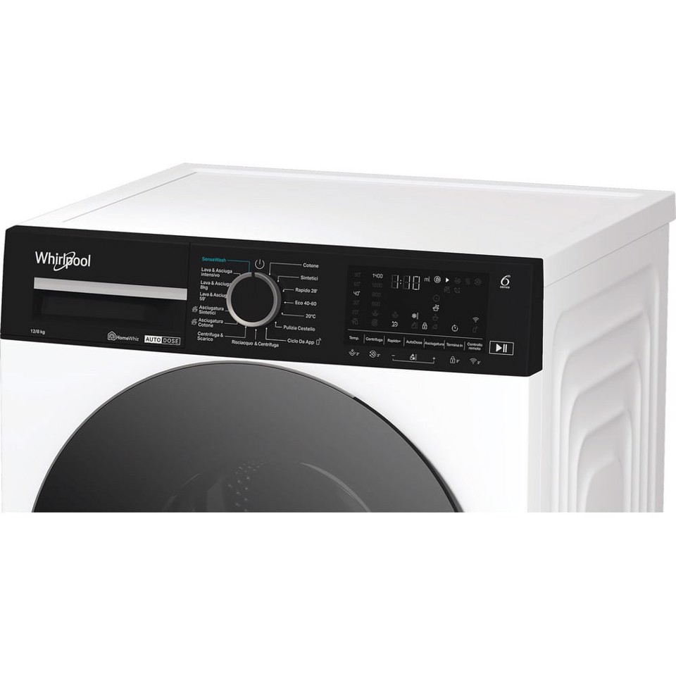 Whirlpool WPD 2836W ADS IT WASHER/DRYER, Capacità 12kg+8kg, classe D|A-10%, colore bianco, Autodose, vapore, porta nera, Wi-Fi
