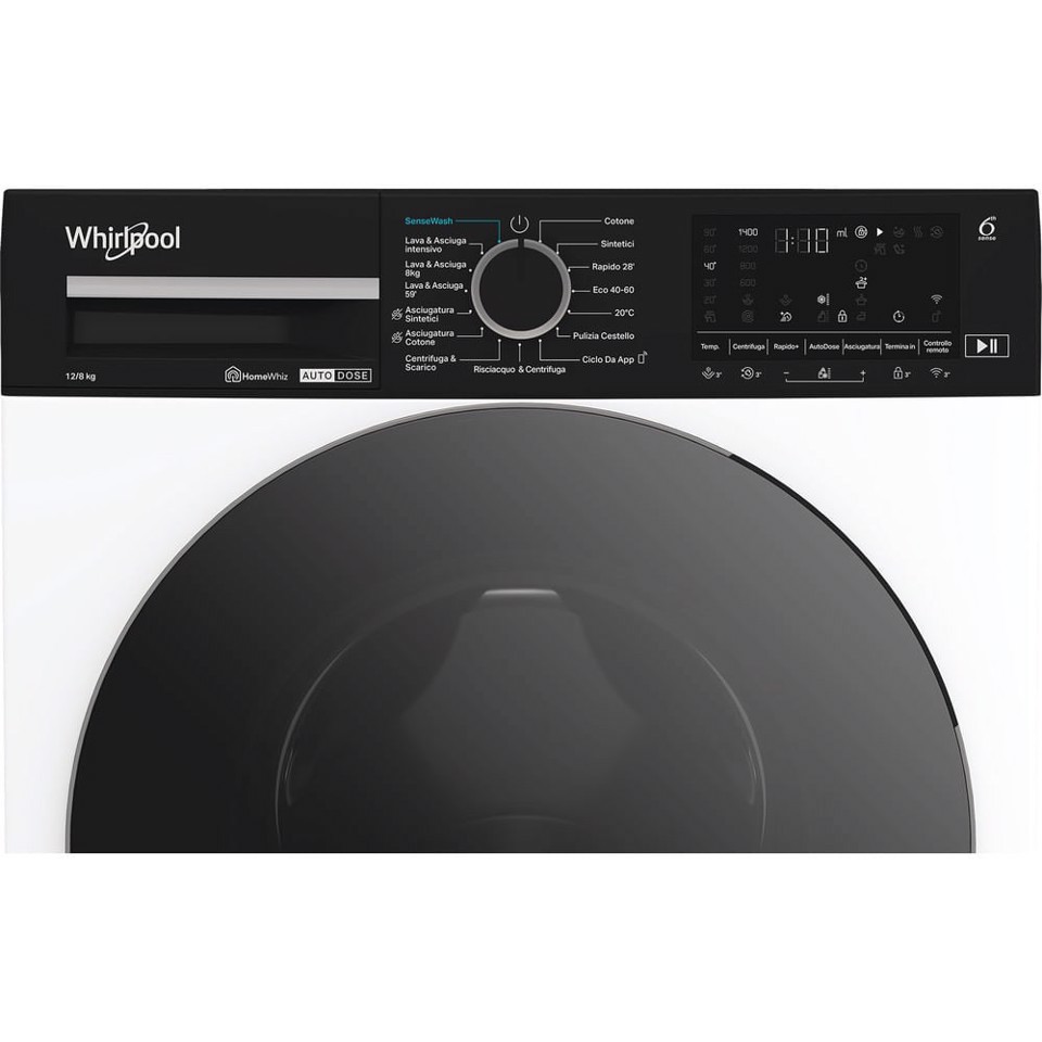 Whirlpool WPD 2836W ADS IT WASHER/DRYER, Capacità 12kg+8kg, classe D|A-10%, colore bianco, Autodose, vapore, porta nera, Wi-Fi