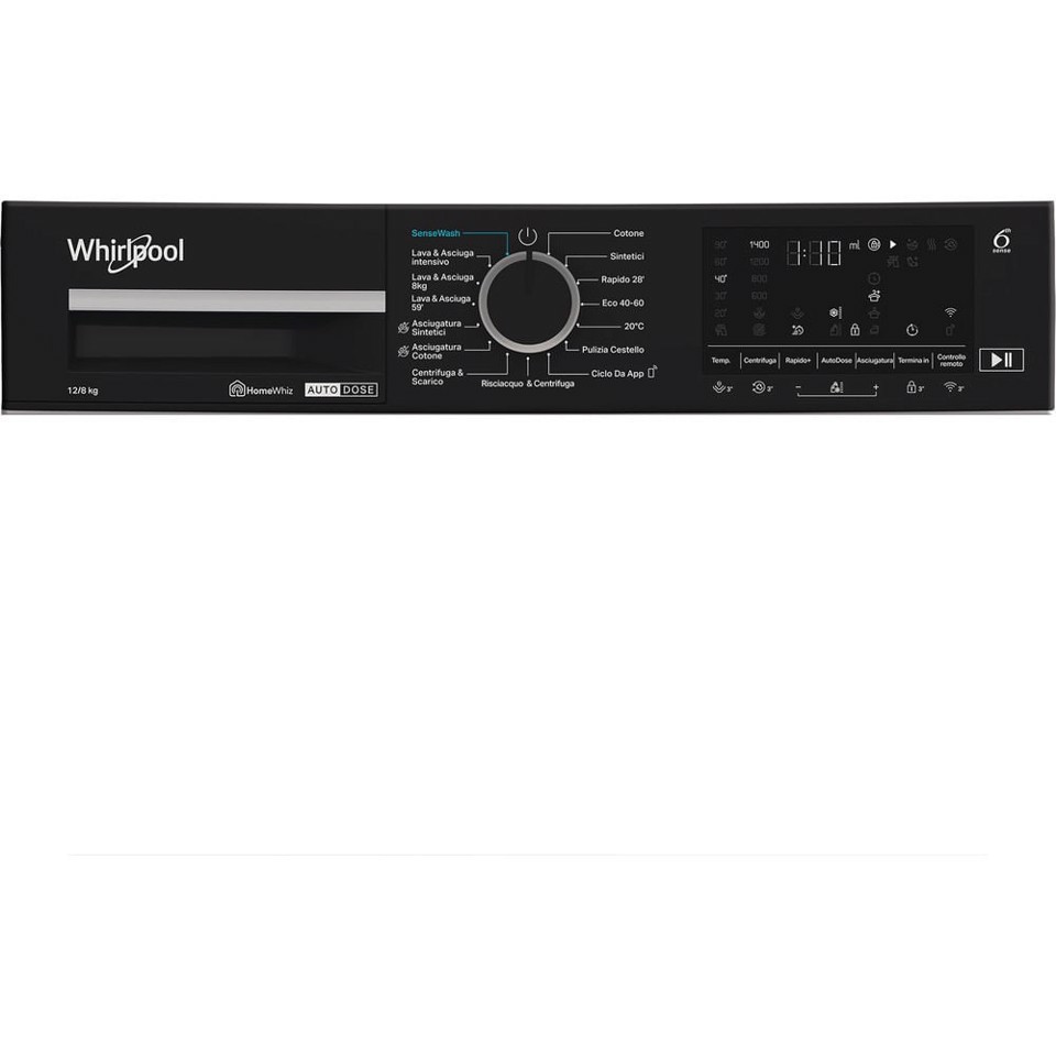 Whirlpool WPD 2836W ADS IT WASHER/DRYER, Capacità 12kg+8kg, classe D|A-10%, colore bianco, Autodose, vapore, porta nera, Wi-Fi