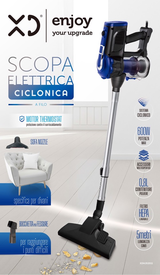 XD Enjoy Scopa Elettrica Ciclonica A Filo 600W - Convertibile In Aspirabriciole