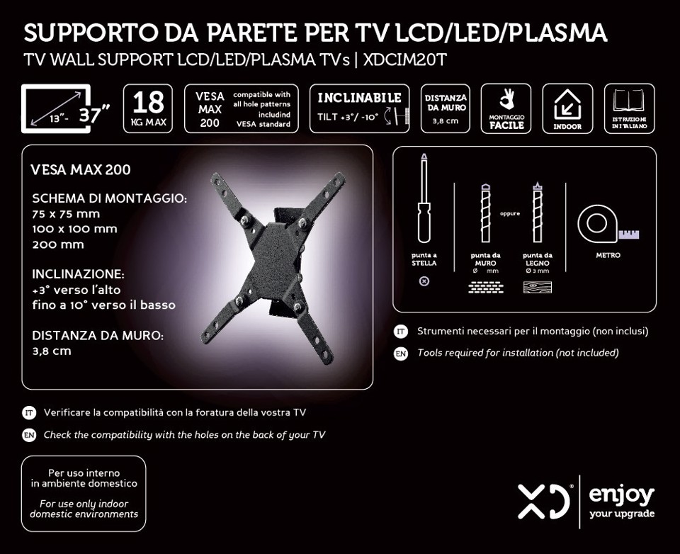 XD Enjoy XDCIM20T Supporto TV a parete 94 cm (37") Nero