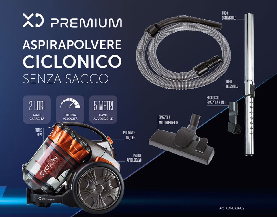 XD Premium XDHJX1602 aspirapolvere a traino 2 L A cilindro Secco 900 W Senza sacchetto