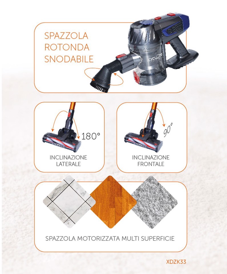 XD Enjoy XDZK33 scopa elettrica Aspirapolvere a bastone 2 in 1 Batteria Secco HEPA Senza sacchetto 150 W Grigio, Arancione, Rosso 2,2 Ah