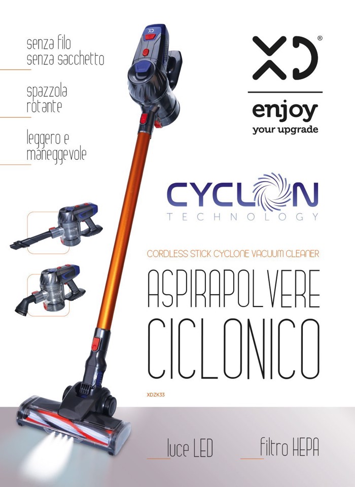 XD Enjoy XDZK33 scopa elettrica Aspirapolvere a bastone 2 in 1 Batteria Secco HEPA Senza sacchetto 150 W Grigio, Arancione, Rosso 2,2 Ah