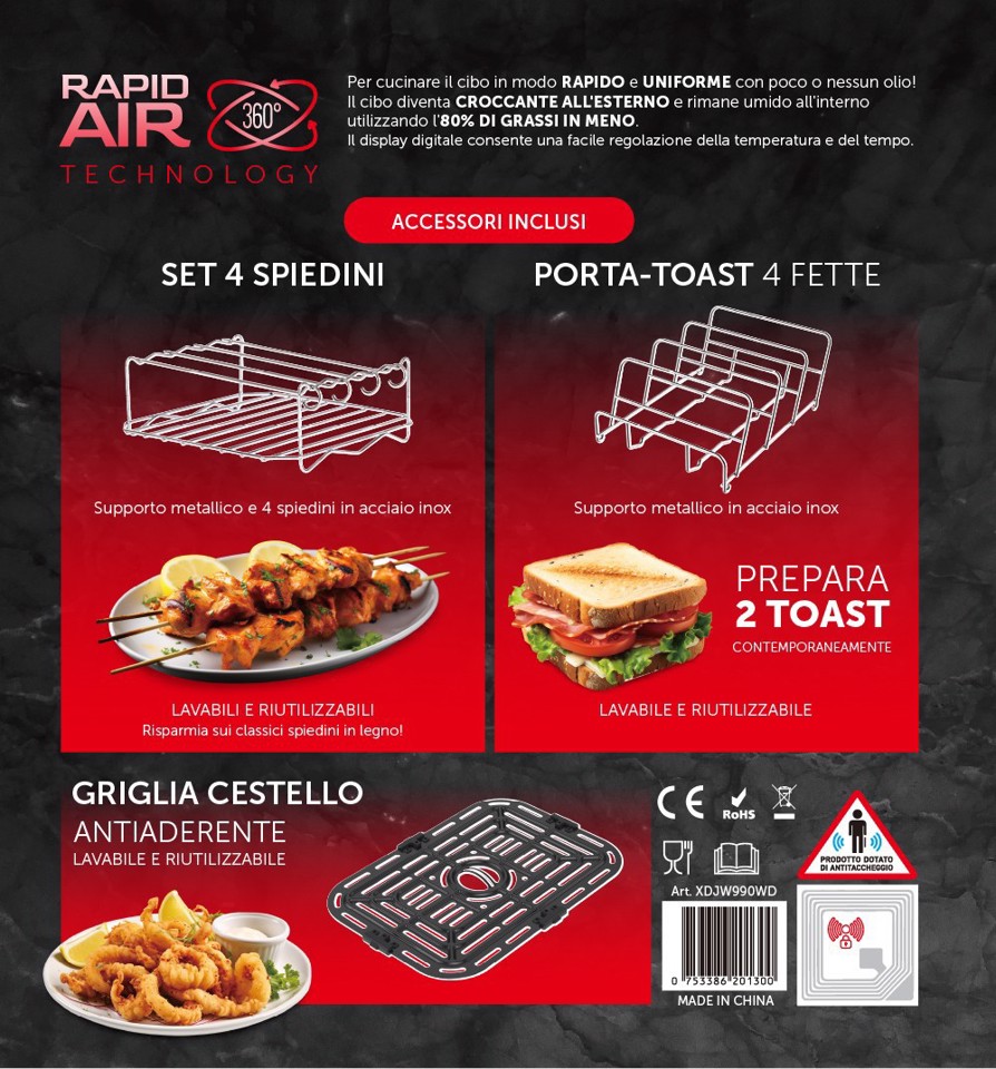 XD Premium Friggitrice Ad Aria 8 Litri Con Finestra Integrata