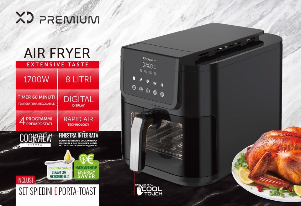 XD Premium Friggitrice Ad Aria 8 Litri Con Finestra Integrata