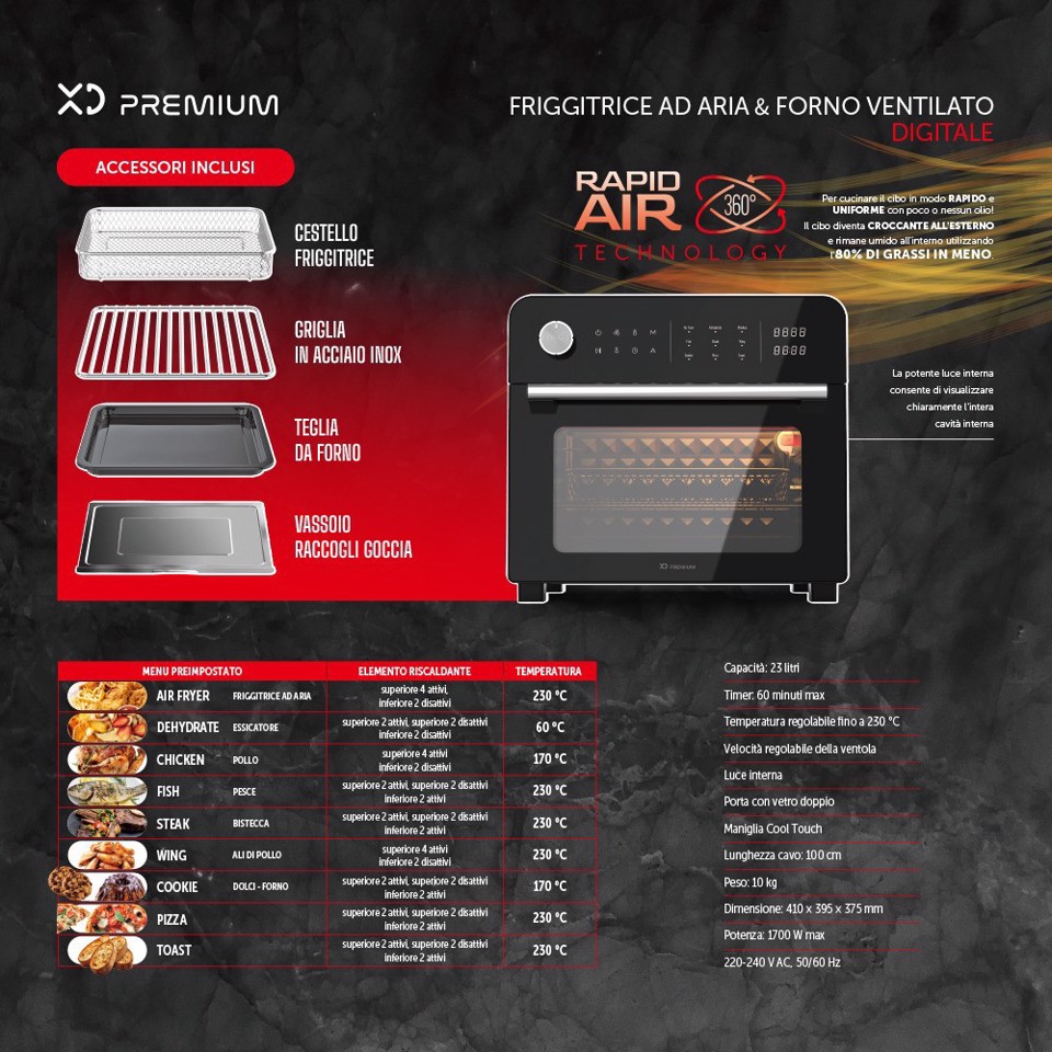 XD Premium XDBOW9044BLK friggitrice Singolo 23 L Indipendente 1700 W Friggitrice ad aria calda Nero, Cromo