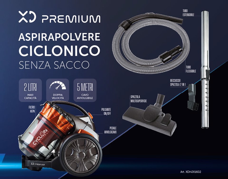 XD Premium XDHJX1602 aspirapolvere a traino 2 L A cilindro Secco 900 W Senza sacchetto
