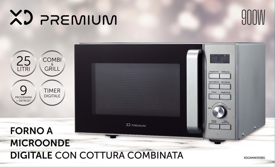 XD Premium XDGANW25SBG forno a microonde Superficie piana Microonde con grill 25 L 900 W Nero, Argento