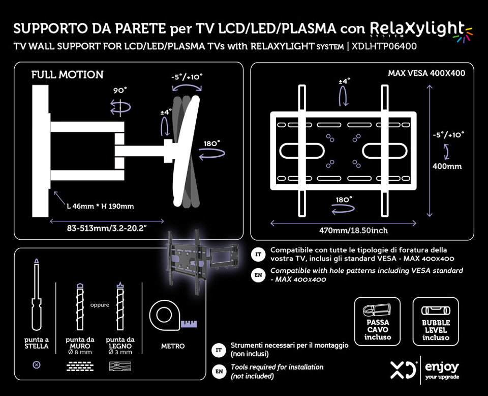 XD Enjoy XDLHTP06400 Supporto TV a parete 139,7 cm (55") Nero