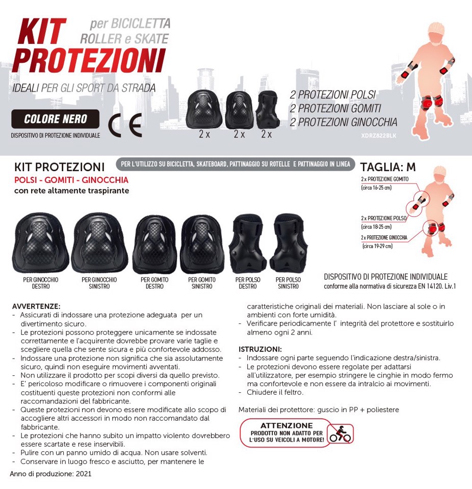 XD Enjoy XDRZ822BLK set di protezione sportiva Ciclismo, Pattinaggio in linea, Pattinaggio su rotelle, Skateboard