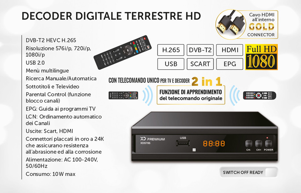 XD Premium XDS785 set-top box TV Terrestre Full HD Nero