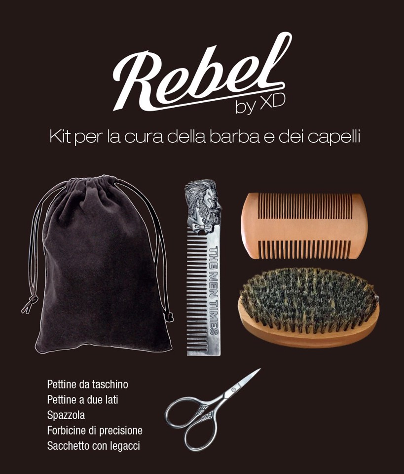 Rebel XDWGBS111 Kit per la cura della barba  e dei capelli contenente Pettine da taschino, Pettine a due lati, Spazzola,  Forbicine di precisione, Sacchetto con legacci