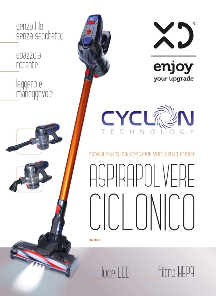 XD Enjoy XDZK33 aspirapolvere senza filo Grigio, Arancione, Rosso Senza sacchetto