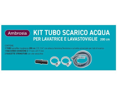Ambrosia KIT: TUBO SCARICO LAVAT. CM200 CON CURVETTA + 1 RACCORDO P/TUBO SCARICO MM 17X17 + 2 FASCETTE STRINGITUBI