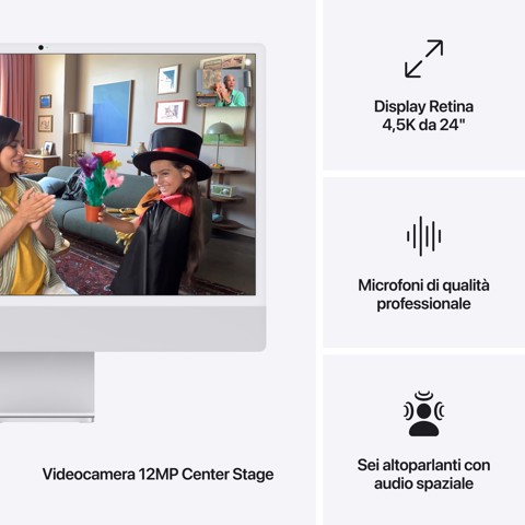 Apple iMac 24"Retina Display 4,5K, Chip M4 con CPU 10‑core, GPU 10‑core, 24GB, 512GB SSD, Argento