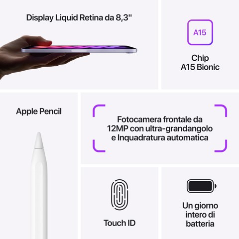 Apple iPad mini, 8.3" LED, 2266 x 1488, A15 Bionic, 64GB, 802.11ax Wi‑Fi 6, Bluetooth 5.0, Touch ID, 12MP + 12MP, iPadOS