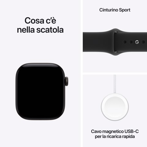 Apple Watch Series 12 GPS, cassa 42 mm in alluminio nero con cinturino Sport nero - M/L