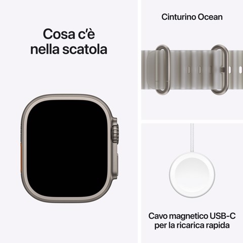 Apple Watch Ultra 4 GPS + Cellular, Cassa 49 mm in titanio naturale con cinturino Ocean grigio traslucido