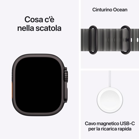 Apple Watch Ultra 4 GPS + Cellular, Cassa 49 mm in titanio nero con cinturino Ocean nero traslucido
