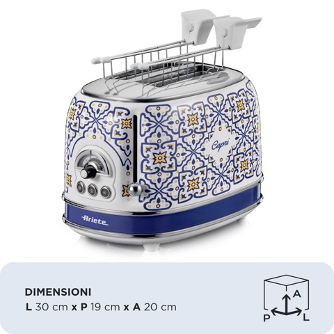 Ariete 155 Tostapane Capri, 810W, 2 fette, 6 livelli di doratura, Vassoio raccogli briciole, Funzione defrost, Espulsione automatica