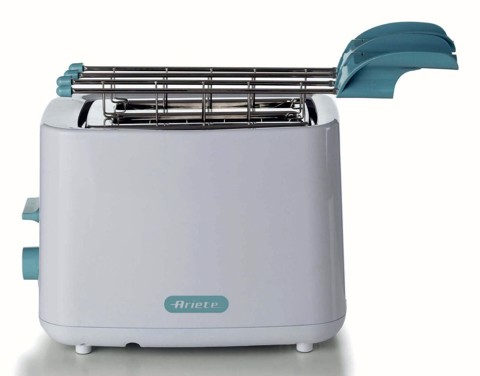 Ariete 157 Tostapane Breakfast, 760W, Capacità 2 fette di pane, Pinze in acciaio inox, 7 livelli di doratura, Pulsante stop, Tocco freddo, White & Aegean Teal