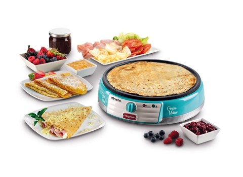 Ariete 202 Crepes Maker Party Time - Piastra per Crepes antiaderente - 2 spatole in legno - ricettario - 1000 W - Celeste