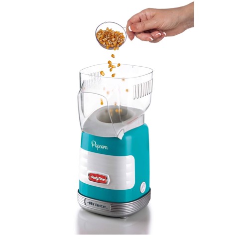 Ariete 2956, Pop Corn Party Time, Macchina per Pop Corn, Scoppia 60gr di Mais per Pop Corn in 2 minuti con Aria Calda, Senza Grassi, 1000 Watt, Celeste