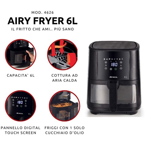 Ariete 4626 Airy Fryer 6L, Friggitrice ad aria, 1300 W, Capacità 6L, Capacità di cottura 2,5kg, 8 programmi preimpostati, Temperatura fino a 200°, Cestello trasparente per controllo cottura, Nero mod.4626/00
