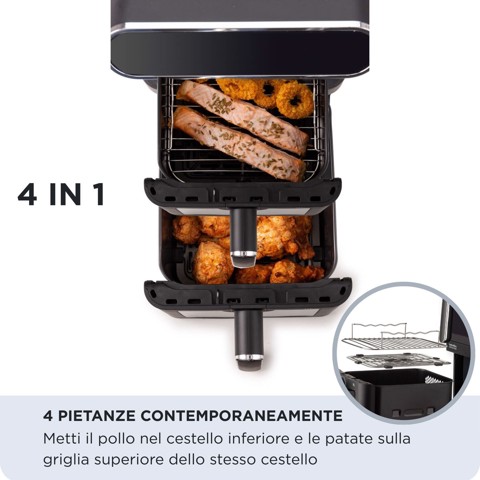 Ariete 4640 Air Fryer Vertical DUO, Friggitrice ad aria doppia verticale, 2460W, 11L, Due cestelli, Sync e Dual, 6 programmi, Funzione Grill, Fino a 200°C
