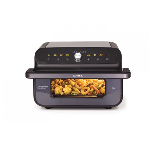 Ariete 4649 Air Fryer + Grill Pizza oven, Friggitrice e forno pizza, 2000W, Capacità 10L, 8 programmi di cottura, Timer, Cuoce una pizza intera, Finestra trasparente + luce, doppia resistenza, fino a 230°C