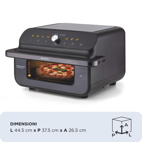 Ariete 4649 Air Fryer + Grill Pizza oven, Friggitrice e forno pizza, 2000W, Capacità 10L, 8 programmi di cottura, Timer, Cuoce una pizza intera, Finestra trasparente + luce, doppia resistenza, fino a 230°C