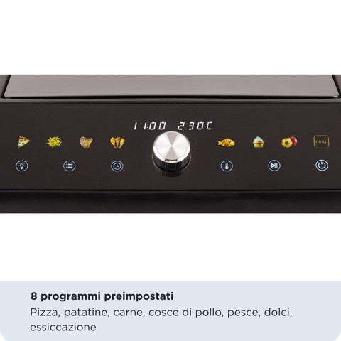 Ariete 4649 Air Fryer + Grill Pizza oven, Friggitrice e forno pizza, 2000W, Capacità 10L, 8 programmi di cottura, Timer, Cuoce una pizza intera, Finestra trasparente + luce, doppia resistenza, fino a 230°C