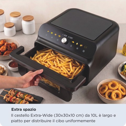 Ariete 4649 Air Fryer + Grill Pizza oven, Friggitrice e forno pizza, 2000W, Capacità 10L, 8 programmi di cottura, Timer, Cuoce una pizza intera, Finestra trasparente + luce, doppia resistenza, fino a 230°C