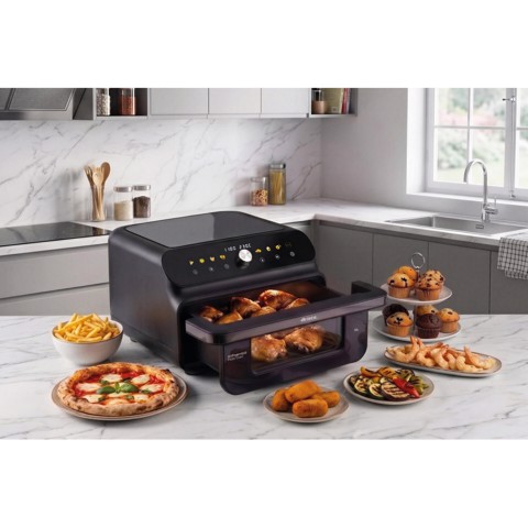 Ariete 4649 Air Fryer + Grill Pizza oven, Friggitrice e forno pizza, 2000W, Capacità 10L, 8 programmi di cottura, Timer, Cuoce una pizza intera, Finestra trasparente + luce, doppia resistenza, fino a 230°C