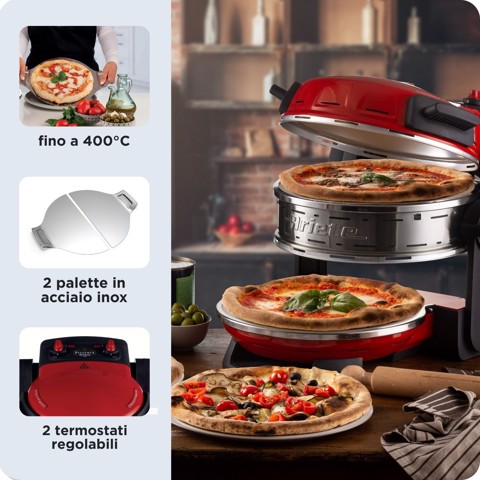 Ariete 927 Pizzeria , Forno pizza doppio, 2300 W, 2 pietre refrattarie, 2 pizze in 4 minuti, 2 termostati, Diametro 32 cm, 5 livelli di cottura, 2 pale in acciaio inox, Rosso