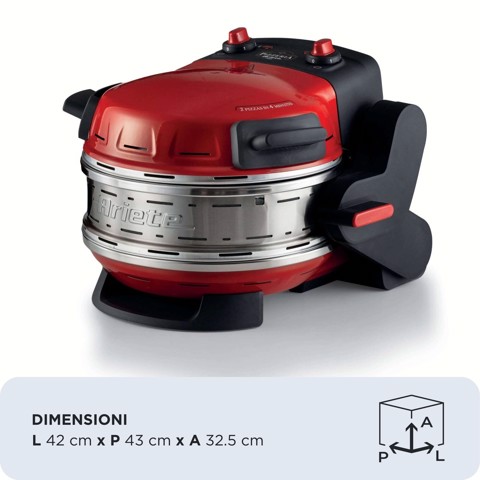 Ariete 927 Pizzeria , Forno pizza doppio, 2300 W, 2 pietre refrattarie, 2 pizze in 4 minuti, 2 termostati, Diametro 32 cm, 5 livelli di cottura, 2 pale in acciaio inox, Rosso