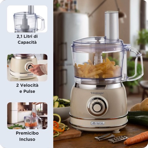 Ariete Linea Vintage 1781 Robot da cucina Vintage, 1000W, Capacità 2,1L (utilizzabile 1,2L), Per preparazione impasti, Beige