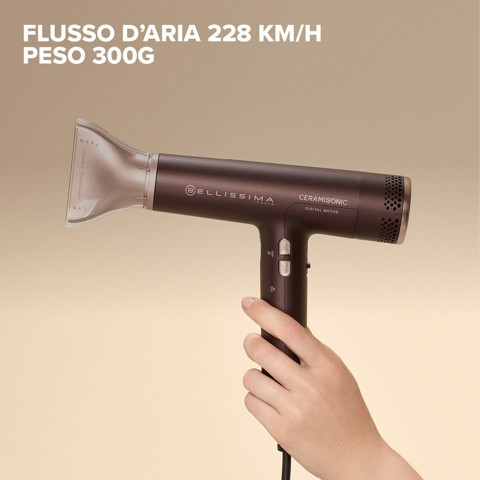 Bellissima Ceramisonic Asciugacapelli, Motore Digitale ad alta velocità, ultraleggero, con tecnologia Tecnologia Ion Ceramic Hi-Pro, ioni, 3 velocità, 3 temperature, Impostazione Gentle Dry, Modalità Silent, 1700W